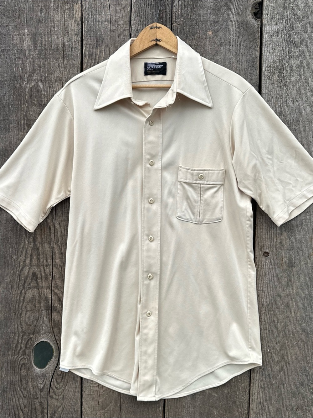 VTG 80s Ultressa Dagger Collar Beige Short Sleeve Disco Shirt Medium